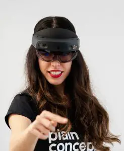 An image of a lady wearing a Microsoft Hololens